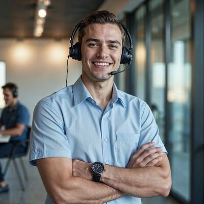 Especialista de soporte de Wolk-us con headset, listo para atender